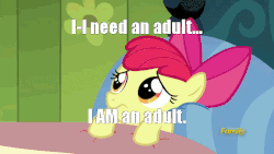 Size: 800x450 | Tagged: safe, edit, edited screencap, screencap, apple bloom, applejack, earth pony, pony, bloom & gloom, g4, animated, bed, caption, dragon ball, dragonball z abridged, female, filly, i am an adult, i need an adult, mare, pillow, that was fast