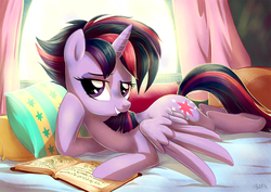 Size: 1200x849 | Tagged: safe, artist:yulyeen, twilight sparkle, alicorn, pony, castle sweet castle, g4, season 5, alternate hairstyle, bed, bedroom eyes, book, draw me like one of your french girls, female, horn, looking at you, lying down, mare, pillow, prone, punklight sparkle, smiling, smiling at you, solo, sploot, sultry pose, twilight sparkle (alicorn), wings