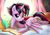 Size: 1200x849 | Tagged: safe, artist:yulyeen, twilight sparkle, alicorn, pony, castle sweet castle, g4, my little pony: friendship is magic, season 5, alternate hairstyle, bed, bedroom eyes, book, draw me like one of your french girls, female, horn, looking at you, lying down, mare, pillow, prone, punklight sparkle, smiling, smiling at you, solo, sploot, sultry pose, twilight sparkle (alicorn), wings