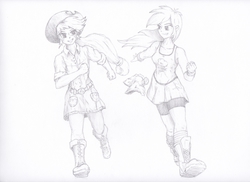 Size: 1314x957 | Tagged: safe, artist:sapiking, applejack, rainbow dash, equestria girls, g4, grayscale, monochrome, running, traditional art