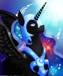 Size: 2500x3000 | Tagged: safe, artist:art-kaleidoscope, nightmare moon, alicorn, pony, g4, aura, blue eyes, blue mane, bubble, crepuscular rays, digital art, ethereal mane, feather, female, flowing mane, helmet, high res, horn, looking up, mare, ocean, peytral, signature, solo, sparkles, spread wings, starry mane, stars, sunlight, underwater, water, wings