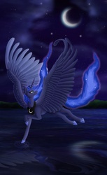 Size: 2190x3585 | Tagged: safe, artist:5fox55, princess luna, g4, crying, female, flying, high res, large wings, looking up, moon, night, reflection, solo, water