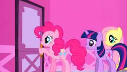 Size: 1366x768 | Tagged: safe, screencap, fluttershy, pinkie pie, twilight sparkle, g4, suited for success, knocking, knocking on door, straight face