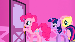 Size: 1366x768 | Tagged: safe, screencap, fluttershy, pinkie pie, twilight sparkle, g4, my little pony: friendship is magic, suited for success, knocking, knocking on door, straight face