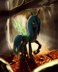 Size: 1200x1500 | Tagged: safe, artist:glukoloff, queen chrysalis, changeling, changeling queen, g4, autumn, female, forest, leaves, solo