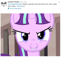 Size: 512x484 | Tagged: safe, screencap, starlight glimmer, g4, the cutie map, hilarious in hindsight, lauren faust, looking at you, s5 starlight, smiling, solo, text, twitter, word of faust