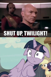 Size: 640x976 | Tagged: safe, screencap, applejack, rarity, twilight sparkle, human, g4, the cutie map, captain picard, caption, equalized, floppy ears, image macro, irl, irl human, jean-luc picard, meme, michael dorn, patrick stewart, photo, shut up twilight, star trek, star trek: the next generation, twilight sparkle (alicorn), worf