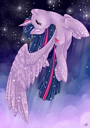 Size: 2480x3507 | Tagged: safe, artist:sugarcubecake, twilight sparkle, alicorn, pony, g4, eyes closed, female, flying, high res, mare, solo, twilight sparkle (alicorn)