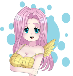 Size: 572x598 | Tagged: dead source, safe, artist:seppukuaddict, fluttershy, human, g4, anime style, breasts, busty fluttershy, cleavage, female, humanized, looking at you, moe, simple background, solo, transparent background, winged humanization