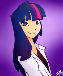 Size: 1000x1200 | Tagged: dead source, safe, artist:inkypsycho, twilight sparkle, human, g4, bust, clothes, female, gradient background, humanized, looking at you, smiling, solo