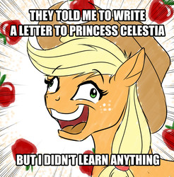 Size: 979x996 | Tagged: safe, artist:mykegreywolf, applejack, g4, the cutie map, the super speedy cider squeezy 6000, apple, crossing the memes, derp, female, i didn't learn anything, i didn't listen, image macro, meme, open mouth, smiling, solo, wide eyes