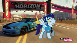 Size: 1024x576 | Tagged: safe, artist:equestianracer, soarin', pony, g4, car, clothes, ford, ford mustang, ford mustang boss 302, forza horizon, itasha, male, mustang, solo, uniform, wonderbolts uniform