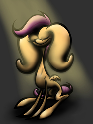 Size: 1800x2400 | Tagged: safe, artist:quantumpinkie, scootaloo, g4, big ears, concave belly, female, impossibly large ears, lanky, sad, skinny, solo, stylized, tall, thin
