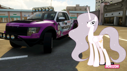 Size: 1280x720 | Tagged: safe, artist:equestianracer, princess celestia, princess molestia, g4, car, female, ford, ford f-150, ford f-150 svt raptor, forza horizon, offroad, solo