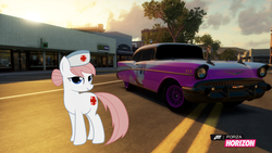 Size: 1280x720 | Tagged: safe, artist:equestianracer, nurse redheart, g4, 57 chevy, bel air, car, chevrolet, city, female, forza horizon, solo