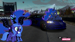 Size: 1280x720 | Tagged: safe, artist:equestianracer, nightmare moon, princess luna, g4, apple, car, dodge (car), dodge viper, dodge viper acr, filly, forza horizon, lunar trinity, night, woona