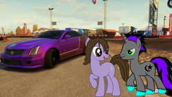 Size: 1280x720 | Tagged: safe, artist:equestianracer, oc, oc only, oc:honey forest, oc:moonshine, cadillac, cadillac cts, car, forza horizon, honey forest