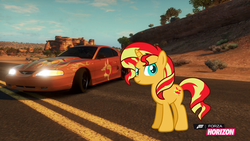 Size: 1280x720 | Tagged: safe, artist:equestianracer, sunset shimmer, pony, unicorn, g4, car, female, ford, ford mustang, forza horizon, mustang, solo