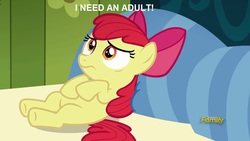 Size: 1366x768 | Tagged: safe, edit, edited screencap, screencap, apple bloom, earth pony, pony, bloom & gloom, g4, bed, caption, female, filly, i need an adult, image macro, meme, on back, pillow, scared