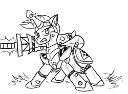 Size: 1007x744 | Tagged: safe, artist:jargon scott, oc, oc only, oc:limit state, pony, unicorn, alternate universe, armor, caution sign, caution tape, fantasy class, foam, foam sword, knight, magic, monochrome, paladin, solo, sticker, sword, sword rara, warrior