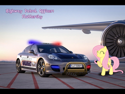 Size: 1920x1440 | Tagged: safe, artist:con360, fluttershy, g4, airport, car, female, highway patrol, plane, police car, porsche, porsche panamera, solo