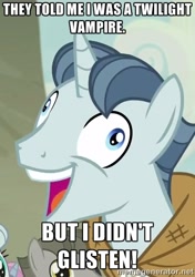 Size: 390x554 | Tagged: safe, party favor, pony, unicorn, g4, exploitable meme, i didn't listen, image macro, male, meme, pun, solo, stallion, twilight (series)