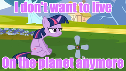 Size: 800x450 | Tagged: safe, twilight sparkle, g4, female, futurama, grumpy twilight, i don't want to live on this planet anymore, image macro, male, meme, purple text, solo