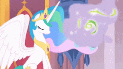 Size: 480x270 | Tagged: dead source, safe, artist:danfango, edit, edited screencap, screencap, princess celestia, alicorn, pony, g4, animated, broken image, female, gif, green smoke, letter, levitation, magic, mare, open mouth, scroll, sitting, small horse, small horse friends are good, smiling, smoke, solo, spread wings, telekinesis, throne, throne room, wat, wings, youtube poop, zoom