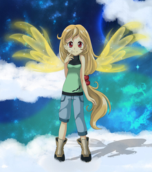 Size: 4409x4988 | Tagged: safe, artist:estories, oc, oc only, oc:alice goldenfeather, human, absurd resolution, anime style, artificial wings, augmented, cloud, cloudy, humanized, humanized oc, magic, magic wings, solo, wings