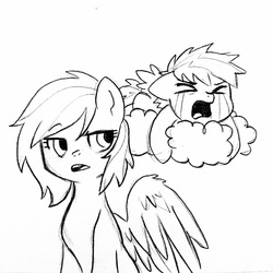 Size: 2448x2448 | Tagged: safe, artist:kianamai, rainbow dash, oc, oc:prism bolt, pegasus, pony, kilalaverse, g4, alternate hairstyle, cloud, colt, crying, high res, male, monochrome, mother and son, next generation, offspring, older, parent:rainbow dash, parent:soarin', parents:soarindash, pencil drawing, traditional art