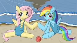 Size: 2845x1579 | Tagged: safe, artist:timorikawa, fluttershy, rainbow dash, g4, beach, clothes, pixiv, swimsuit