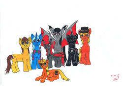 Size: 1169x850 | Tagged: safe, artist:red moon hawk, trixie, oc, oc:boomerang bugger, oc:midnight romance, oc:qetesh, oc:red moon hawk, oc:reedycreek, oc:tracy swift, pony, unicorn, g4, female, mare, traditional art