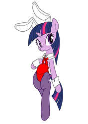 Size: 2480x3507 | Tagged: safe, artist:馬文, twilight sparkle, pony, unicorn, semi-anthro, g4, bunny ears, bunny suit, collar, female, high res, leotard, mare, pantyhose, pixiv, playboy bunny, simple background, smiling, solo, unicorn twilight, wrist cuffs