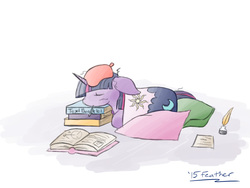 Size: 1600x1200 | Tagged: safe, artist:feather, twilight sparkle, pony, g4, blanket, book, eyes closed, female, sick, solo, thermometer