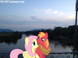 Size: 3264x2448 | Tagged: safe, artist:bobthelurker, artist:phi1997, artist:shelltoon, big macintosh, fluttershy, earth pony, pony, g4, bridge, cloud, cloudy, fence, high res, irl, male, photo, ponies in real life, reflection, river, ship:fluttermac, shipping, stallion, straight, vector