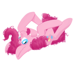 Size: 1000x852 | Tagged: safe, artist:kathyatipton, pinkie pie, earth pony, pony, g4, female, looking at you, on back, silly, silly pony, simple background, solo, tongue out, transparent background