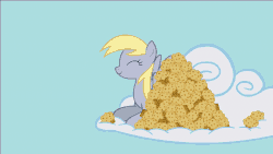 Size: 640x360 | Tagged: safe, artist:mixermike622, derpy hooves, pegasus, pony, g4, animated, cloud, cute, dan vs fim, derpabetes, eyes closed, female, mare, mouth hold, muffin, on a cloud, perfect loop, prone, smiling, that pony sure does love muffins, throwing, weapons-grade cute