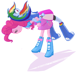 Size: 543x515 | Tagged: safe, artist:siemensohm, pinkie pie, rainbow dash, equestria girls, g4, back to back, boots, clothes, female, high heel boots, jacket, lesbian, lifting, ship:pinkiedash, shipping, shirt, shoes, simple background, skirt, socks, vest