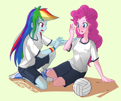 Size: 705x587 | Tagged: safe, artist:siemensohm, pinkie pie, rainbow dash, equestria girls, g4, blood, blushing, clothes, converse, embarrassed, friendly fire, gym uniform, kneeling, nosebleed, shoes, sneakers, sweat, volleyball, worried