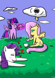 Size: 4961x7016 | Tagged: safe, artist:the hungry veggie, fluttershy, rainbow dash, rarity, twilight sparkle, alicorn, pegasus, pony, unicorn, g4, absurd resolution, beep beep, cake, cloud, female, happy, levitation, magic, mare, sleeping, telekinesis, twilight sparkle (alicorn), zzz