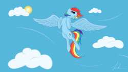 Size: 1920x1080 | Tagged: safe, artist:wreky, rainbow dash, pegasus, pony, g4, backwards cutie mark, cloud, cloudy, female, flying, solo