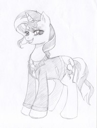 Size: 1672x2196 | Tagged: safe, artist:evomanaphy, sunset shimmer, pony, unicorn, g4, clothes, evil grin, female, horn, jacket, looking at you, monochrome, paper, pencil drawing, simple background, sketch, solo, standing, white background
