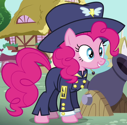 Size: 474x468 | Tagged: safe, screencap, general firefly, pinkie pie, earth pony, pony, g4, testing testing 1-2-3, ancient wonderbolts uniform, cannon, clothes, costume, cropped, female, hat, mare, outfit catalog, smiling, solo, uniform