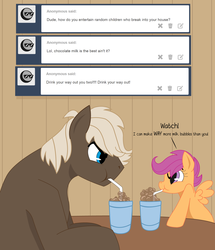 Size: 1250x1453 | Tagged: safe, artist:dbkit, dumbbell, scootaloo, pegasus, pony, g4, ask, bubble, chocolate milk, duo, tumblr