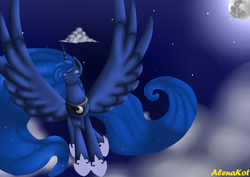 Size: 1024x724 | Tagged: safe, artist:alenakot, cloud, cloudy, eyes closed, moon, night, princflying, solo