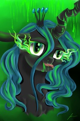 Size: 700x1067 | Tagged: safe, artist:heather-west, queen chrysalis, changeling, changeling queen, g4, crown, female, jewelry, regalia, slime, solo, tongue out