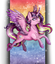 Size: 1204x1400 | Tagged: safe, artist:heather-west, princess cadance, g4, curved horn, female, flying, grin, horn, solo