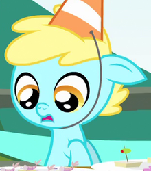 Size: 306x348 | Tagged: safe, screencap, flashfluff, pony, g4, inspiration manifestation, 5-year-old, background pony, cropped, foal, hat, party hat, solo