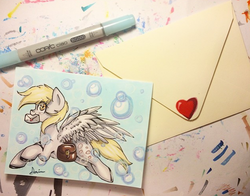 Size: 600x471 | Tagged: safe, artist:y0wai, derpy hooves, pegasus, pony, g4, female, letter, mare, mouth hold, saddle bag, solo, traditional art