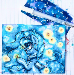 Size: 597x604 | Tagged: safe, artist:y0wai, princess luna, firefly (insect), g4, female, open mouth, smiling, solo, traditional art